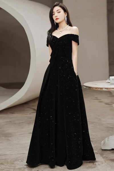 Shiny Off the Shoulder Black Long Prom Dresses, Off Shoulder Black Formal Dresses, Black Evening Dresses WT1852