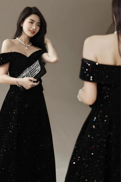 Shiny Off the Shoulder Black Long Prom Dresses, Off Shoulder Black Formal Dresses, Black Evening Dresses WT1852