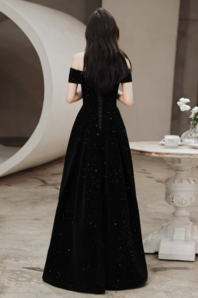Shiny Off the Shoulder Black Long Prom Dresses, Off Shoulder Black Formal Dresses, Black Evening Dresses WT1852