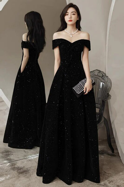 Shiny Off the Shoulder Black Long Prom Dresses, Off Shoulder Black Formal Dresses, Black Evening Dresses WT1852