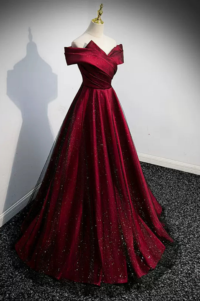 Shiny Off the Shoulder Burgundy Long Prom Dresses, Off Shoulder Burgun