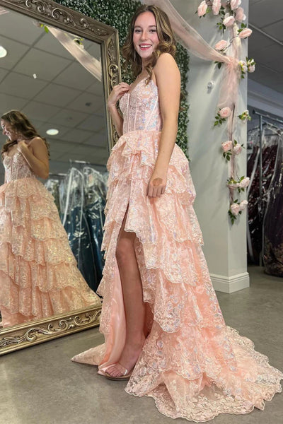 Shiny Pink A Line High Slit Layered Lace Long Prom Dresses, Pink Lace Formal Evening Dresses WT1583