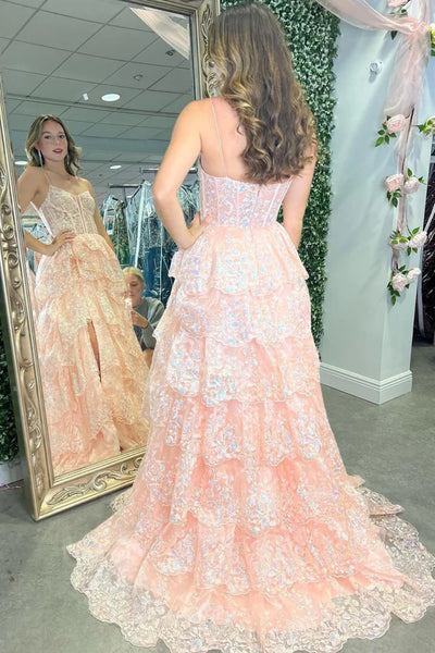 Shiny Pink A Line High Slit Layered Lace Long Prom Dresses, Pink Lace Formal Evening Dresses WT1583