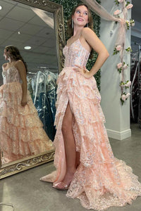 Shiny Pink A Line High Slit Layered Lace Long Prom Dresses, Pink Lace Formal Evening Dresses WT1583