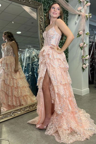 Shiny Pink A Line High Slit Layered Lace Long Prom Dresses, Pink Lace Formal Evening Dresses WT1583