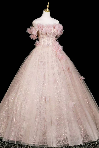 Shiny Pink Off the Shoulder Lace Floral Long Prom Dresses, Pink Lace Formal Dresses, Pink Evening Dresses WT1810