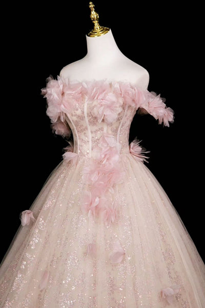 Shiny Pink Off the Shoulder Lace Floral Long Prom Dresses, Pink Lace Formal Dresses, Pink Evening Dresses WT1810