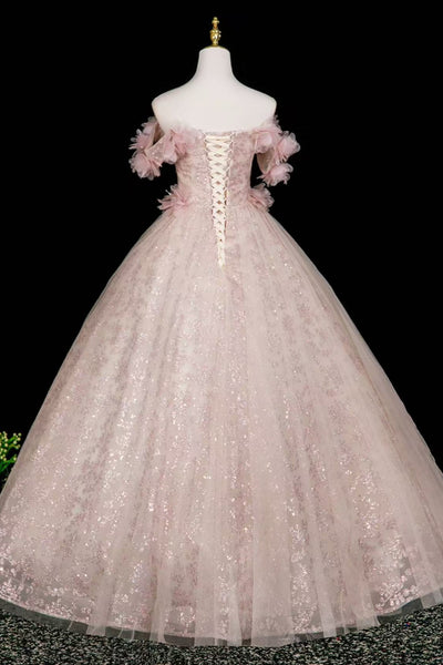 Shiny Pink Off the Shoulder Lace Floral Long Prom Dresses, Pink Lace Formal Dresses, Pink Evening Dresses WT1810