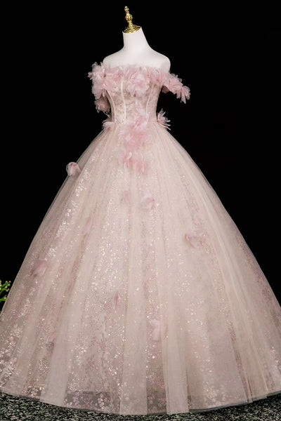Shiny Pink Off the Shoulder Lace Floral Long Prom Dresses, Pink Lace Formal Dresses, Pink Evening Dresses WT1810