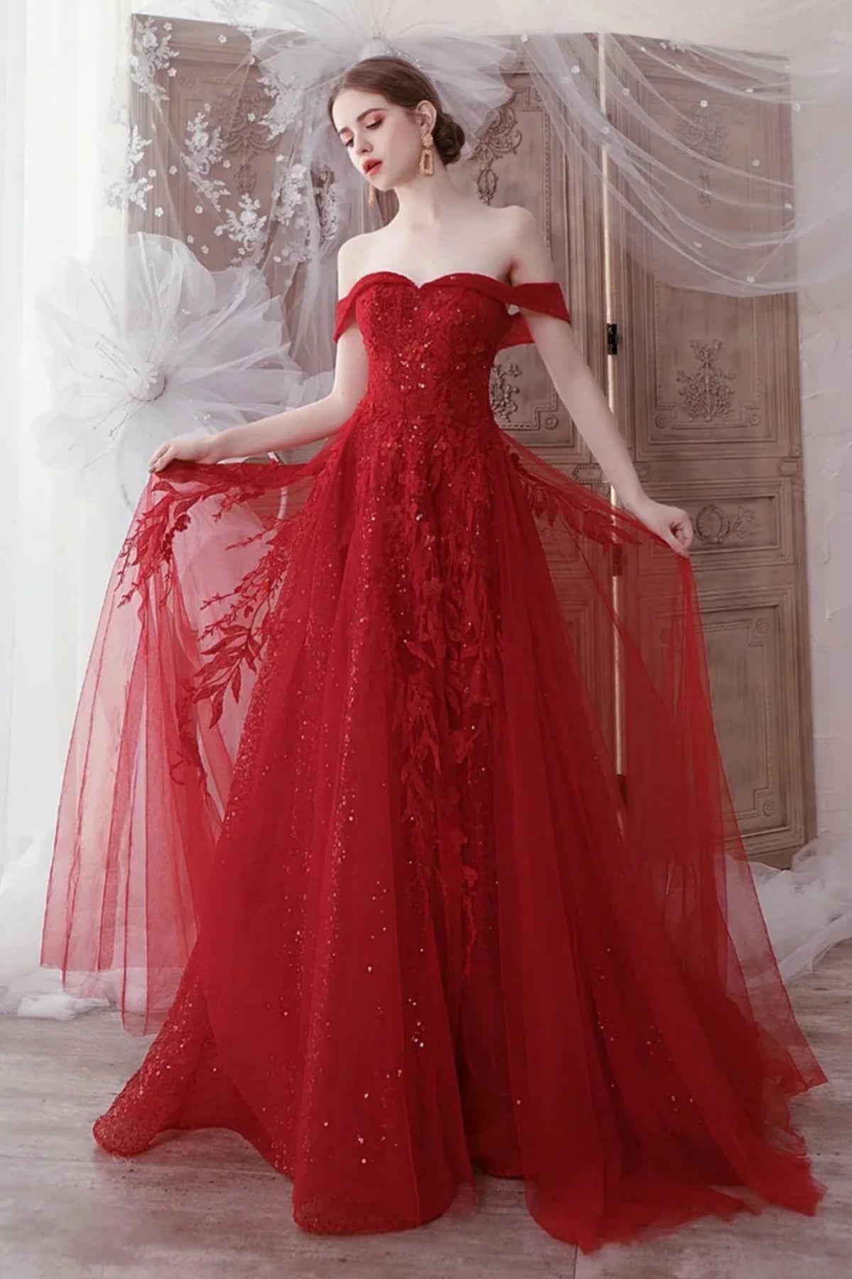 Shiny Red Tulle Off Shoulder Red Long Prom Dresses, Off the Shoulder Red Formal Dresses, Red Lace Evening Dresses WT1369