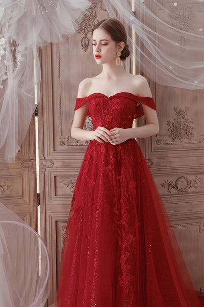 Shiny Red Tulle Off Shoulder Red Long Prom Dresses, Off the Shoulder Red Formal Dresses, Red Lace Evening Dresses WT1369