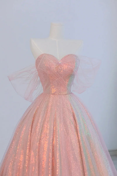 Shiny Sequins Off Shoulder Pink Long Prom Dresses, Off the Shoulder Formal Dresses, Pink Evening Dresses WT1424