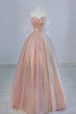 Shiny Sequins Off Shoulder Pink Long Prom Dresses, Off the Shoulder Formal Dresses, Pink Evening Dresses WT1424