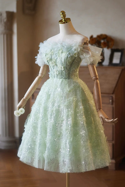 Shiny Sequins Off the Shoulder Green Short Prom Dresses with 3D Flowers, Off Shoulder Green Homecoming Dresses, Green Floral Formal Graduation Evening Dresses WT1655