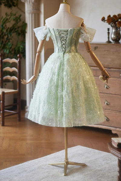Shiny Sequins Off the Shoulder Green Short Prom Dresses with 3D Flowers, Off Shoulder Green Homecoming Dresses, Green Floral Formal Graduation Evening Dresses WT1655