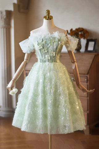 Shiny Sequins Off the Shoulder Green Short Prom Dresses with 3D Flowers, Off Shoulder Green Homecoming Dresses, Green Floral Formal Graduation Evening Dresses WT1655