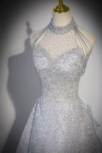 Shiny Silver Gray Sequins A Line Halter Neck Long Prom Dresses, Silver Gray Formal Graduation Evening Dresses WT1721