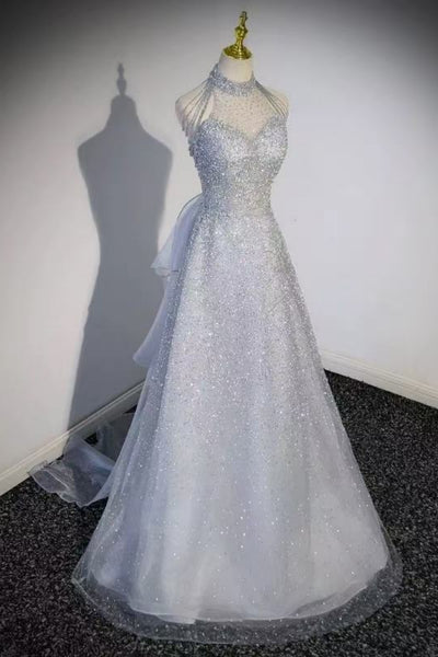 Shiny Silver Gray Sequins A Line Halter Neck Long Prom Dresses, Silver Gray Formal Graduation Evening Dresses WT1721