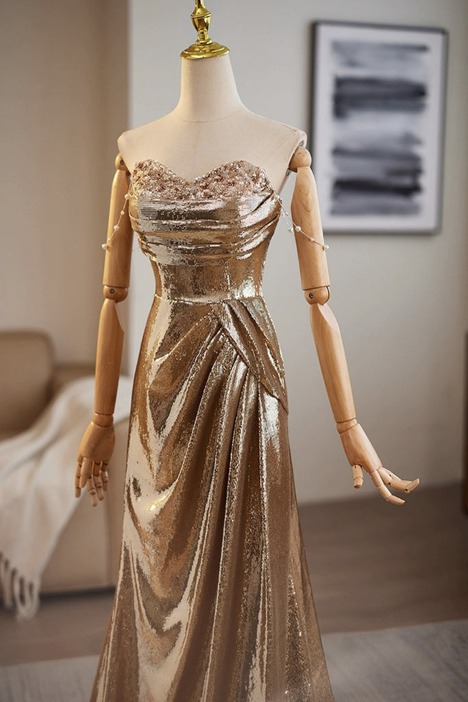 Shiny Strapless Golden Long Prom Dresses, Off the Shoulder Gold Formal