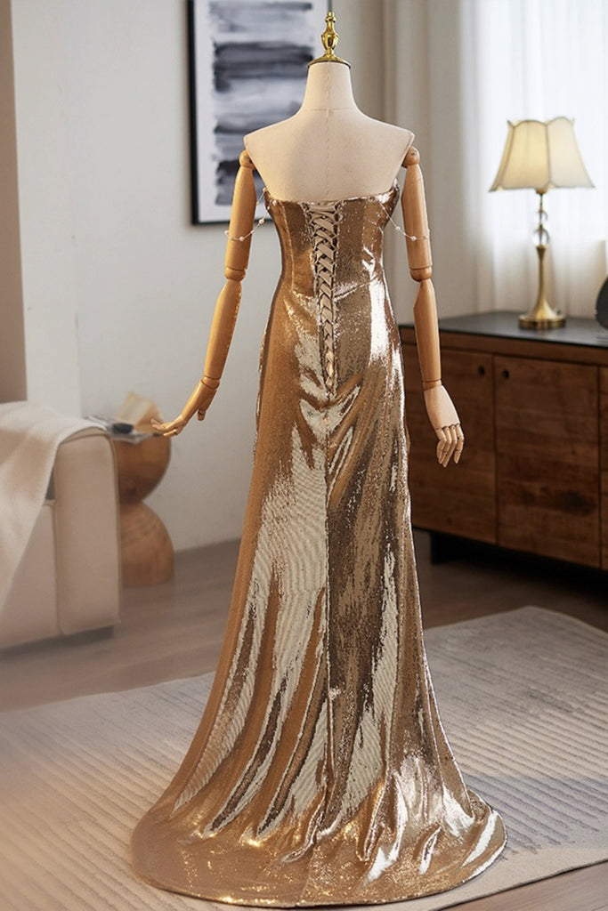 Shiny Strapless Golden Long Prom Dresses, Off the Shoulder Gold Formal Lwt Dress Shiny Strapless Golden Long Prom Dresses, Off the Shoulder Gold Formal Lwt Dress