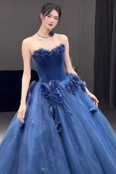 Shiny Strapless Navy Blue Tulle Long Prom Dresses with 3D Flowers, Navy Blue Formal Evening Dresses, Ball Gown