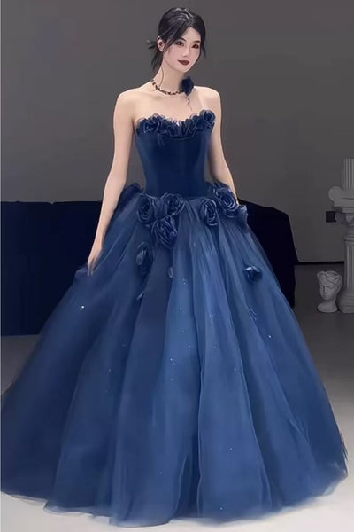 Shiny Strapless Navy Blue Tulle Long Prom Dresses with 3D Flowers, Navy Blue Formal Evening Dresses, Ball Gown