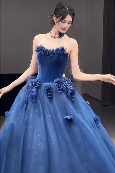 Shiny Strapless Navy Blue Tulle Long Prom Dresses with 3D Flowers, Navy Blue Formal Evening Dresses, Ball Gown