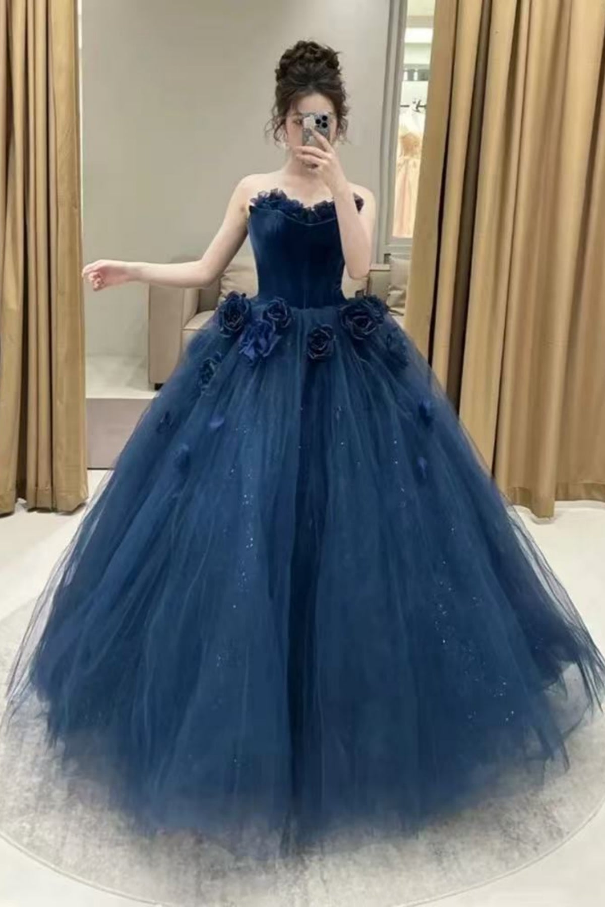 Shiny Strapless Navy Blue Tulle Long Prom Dresses with 3D Flowers, Navy Blue Formal Evening Dresses, Ball Gown