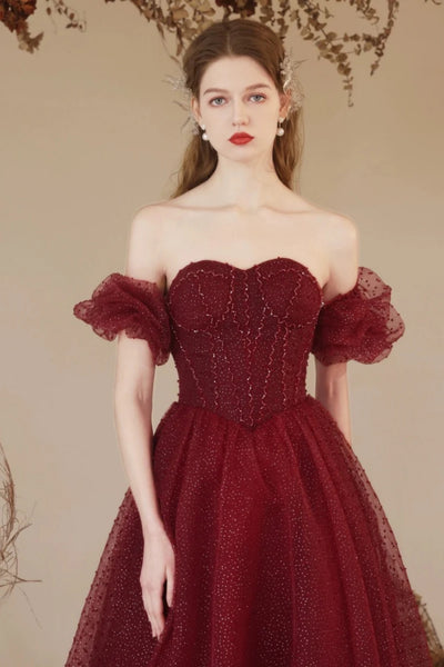 Shiny Tulle Off Shoulder Burgundy Long Prom Dresses, Off the Shoulder Burgundy Formal Dresses, Burgundy Evening Dresses WT1532