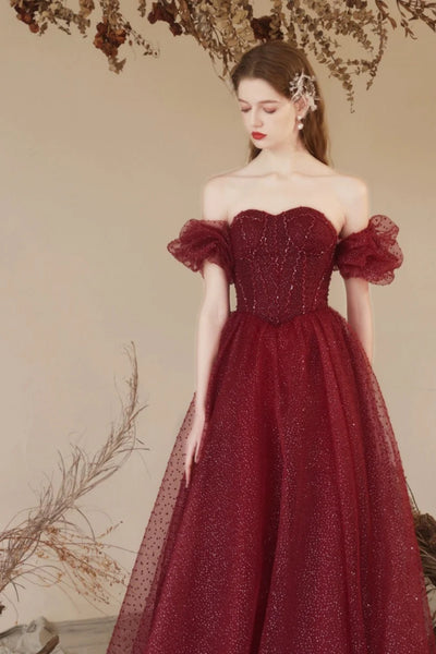 Shiny Tulle Off Shoulder Burgundy Long Prom Dresses, Off the Shoulder Burgundy Formal Dresses, Burgundy Evening Dresses WT1532