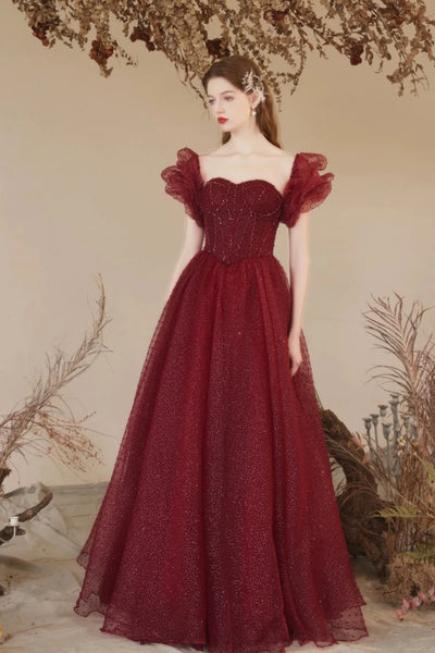 Shiny Tulle Off Shoulder Burgundy Long Prom Dresses, Off the Shoulder Burgundy Formal Dresses, Burgundy Evening Dresses WT1532