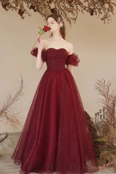 Shiny Tulle Off Shoulder Burgundy Long Prom Dresses, Off the Shoulder Burgundy Formal Dresses, Burgundy Evening Dresses WT1532