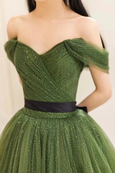 Shiny Tulle Off Shoulder Green Long Prom Dresses, Off the Shoulder Formal Dresses, Green Evening Dresses WT1368