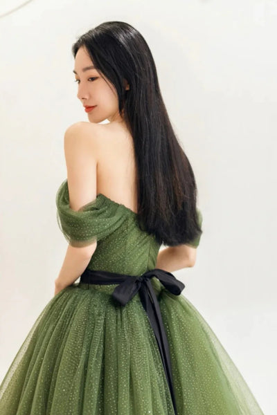 Shiny Tulle Off Shoulder Green Long Prom Dresses, Off the Shoulder Formal Dresses, Green Evening Dresses WT1368