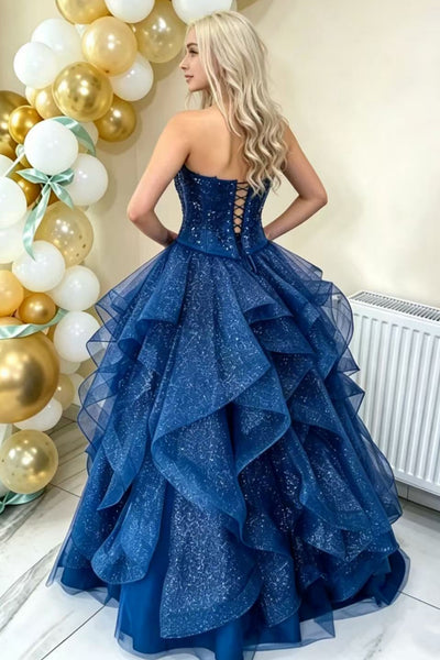 Shiny Tulle Strapless Blue Long Prom Dresses, Blue Lace Formal Evening Dresses WT1841