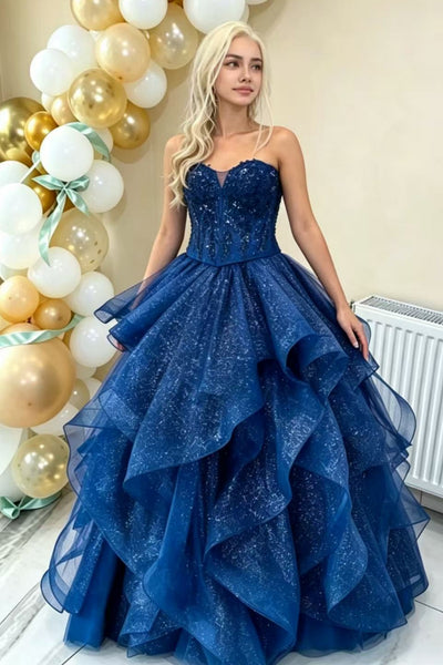 Shiny Tulle Strapless Blue Long Prom Dresses, Blue Lace Formal Evening Dresses WT1841