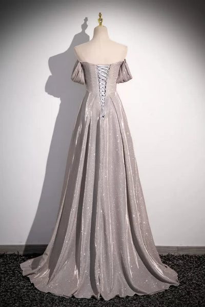 Silver Gray Mermaid Long Prom Dresses, Off Shoulder Silver Gray Formal Dresses, Silver Gray Evening Dresses WT1415