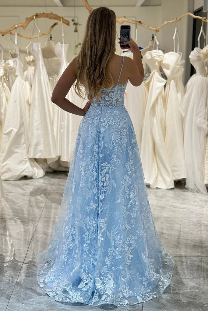 Sky Blue Lace A Line Open Back V Neck Long Prom Dresses, Sky Blue Lace Lwt Dress Sky Blue Lace A Line Open Back V Neck Long Prom Dresses, Sky Blue Lace Lwt Dress