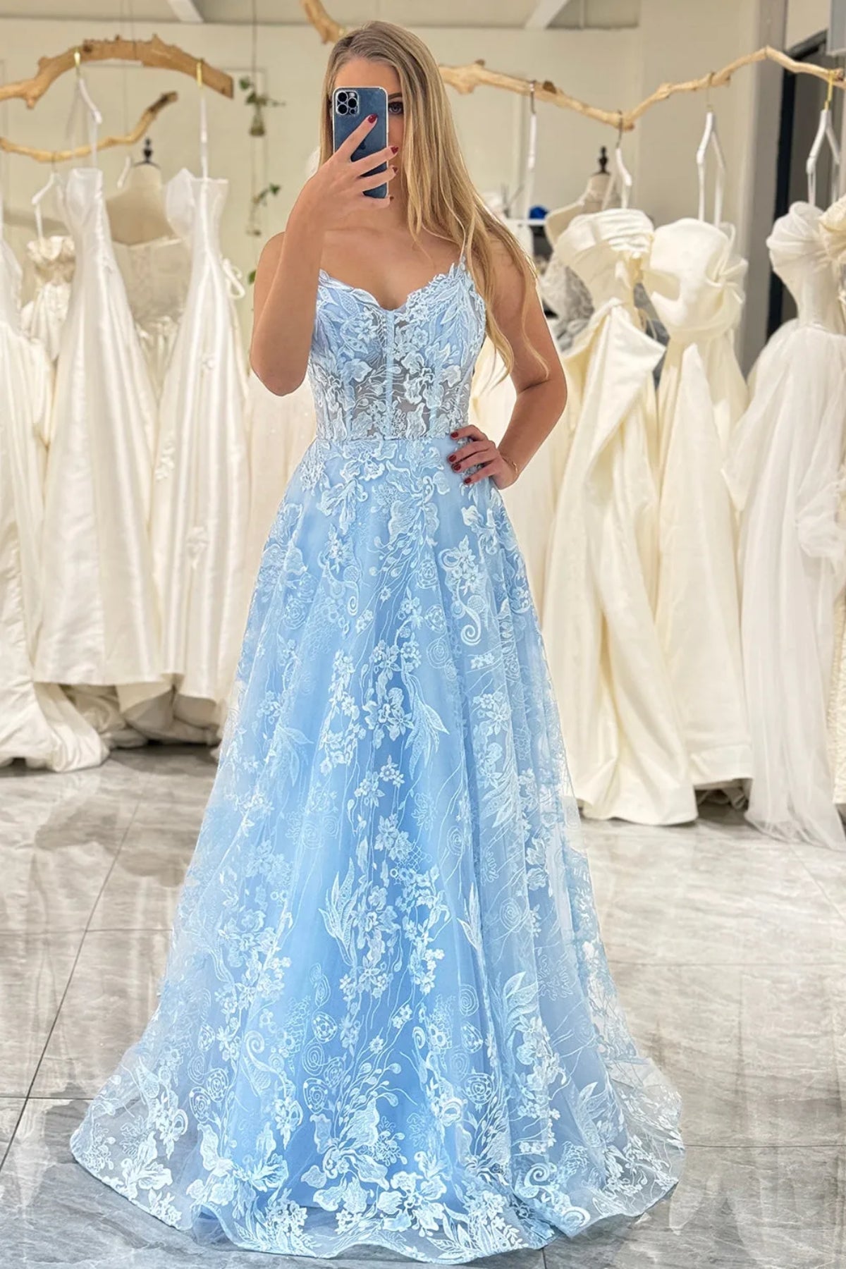 Sky Blue Lace A Line Open Back V Neck Long Prom Dresses, Sky Blue Lace Lwt Dress Sky Blue Lace A Line Open Back V Neck Long Prom Dresses, Sky Blue Lace Lwt Dress
