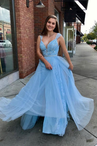 Sky Blue Spaghetti Straps Lace Long Prom Dresses with Belt, Long Sky Blue Lace Formal Graduation Evening Dresses WT1340