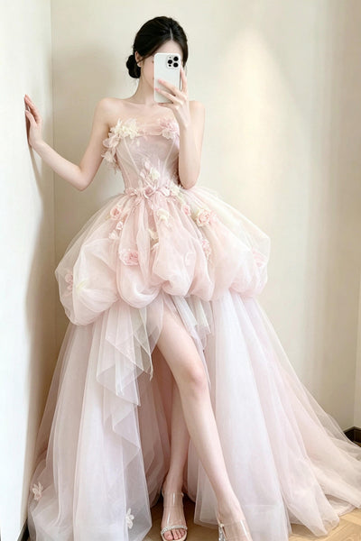 Strapless High Low Pink Long Prom Dresses with Flowers, High Low Pink Formal Evening Dresses, Pink Ball Gown WT1844