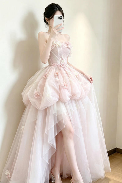 Strapless High Low Pink Long Prom Dresses with Flowers, High Low Pink Formal Evening Dresses, Pink Ball Gown WT1844