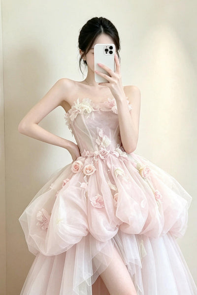 Strapless High Low Pink Long Prom Dresses with Flowers, High Low Pink Formal Evening Dresses, Pink Ball Gown WT1844