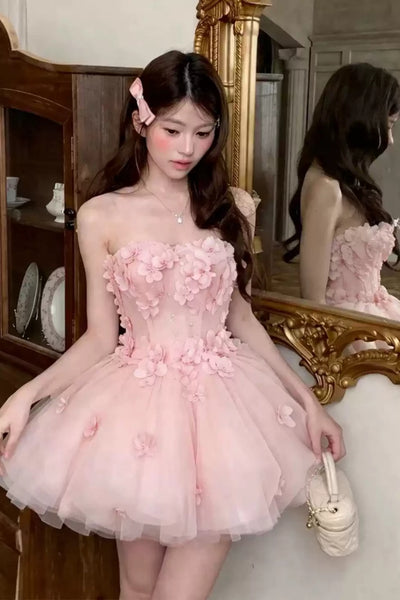 Strapless Pink Lace Floral Short Prom Dresses, Pink Lace Homecoming Dresses with 3D Flowers WT1834