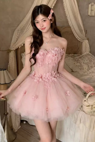 Strapless Pink Lace Floral Short Prom Dresses, Pink Lace Homecoming Dresses with 3D Flowers WT1834