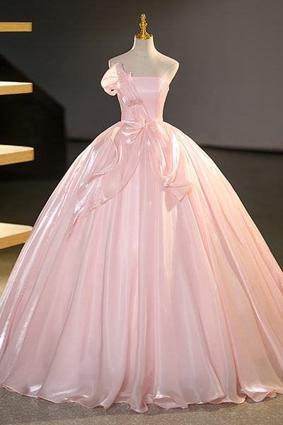 Strapless Pink Satin Long Prom Dresses, Long Pink Formal Evening Dresses, Pink Ball Gown WT1230