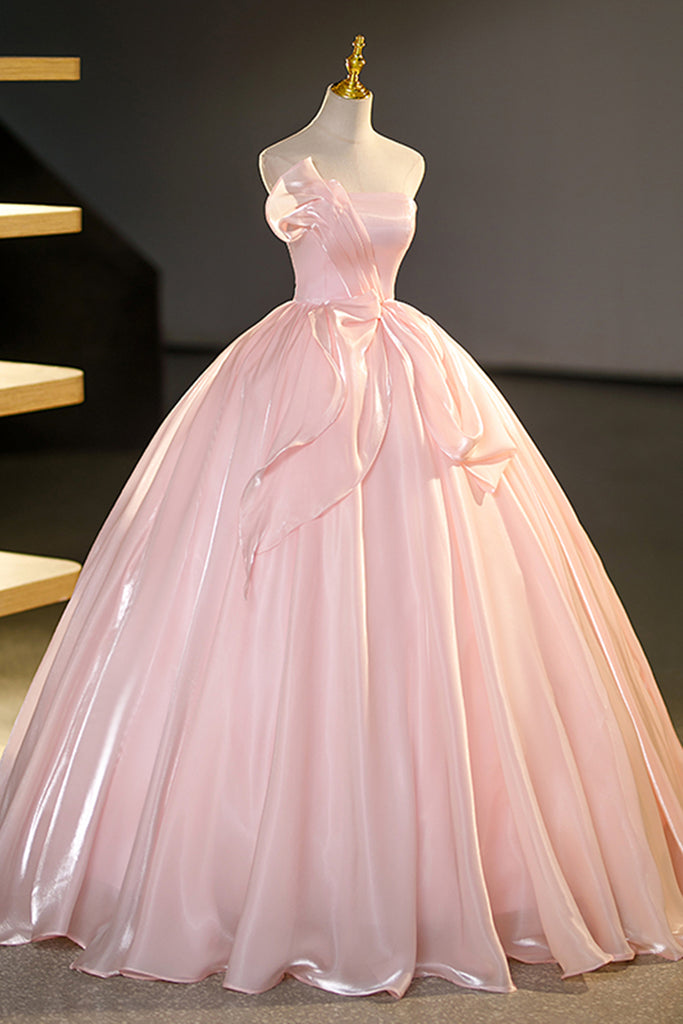 Strapless Pink Satin Long Prom Dresses, Long Pink Formal Evening Dress