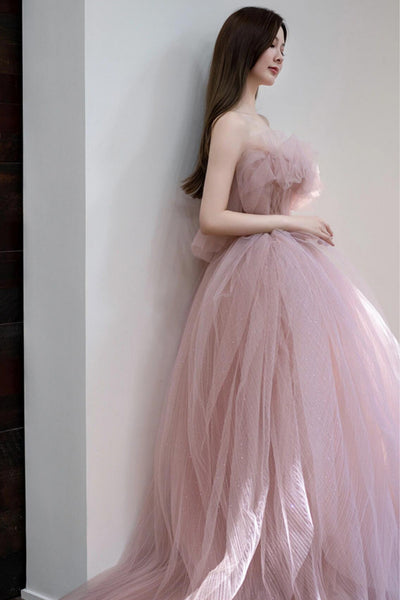 Strapless Pink Tulle Long Prom Dresses, Pink Tulle Formal Graduation Evening Dresses WT1846