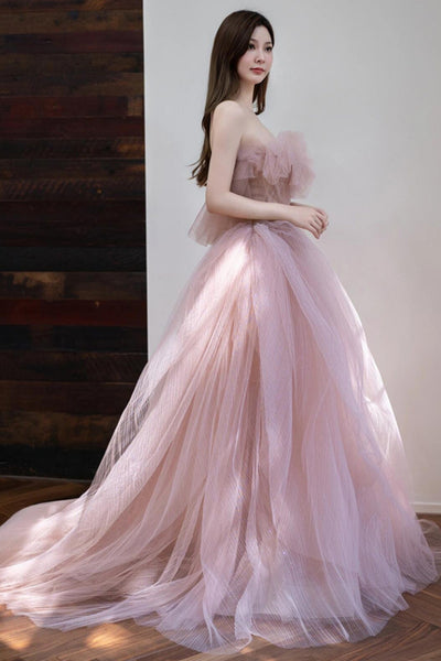 Strapless Pink Tulle Long Prom Dresses, Pink Tulle Formal Graduation Evening Dresses WT1846