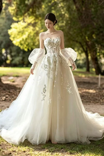 Strapless Sweetheart Neck White Lace Long Prom Dresses, White Lace Wedding Dresses WT1828